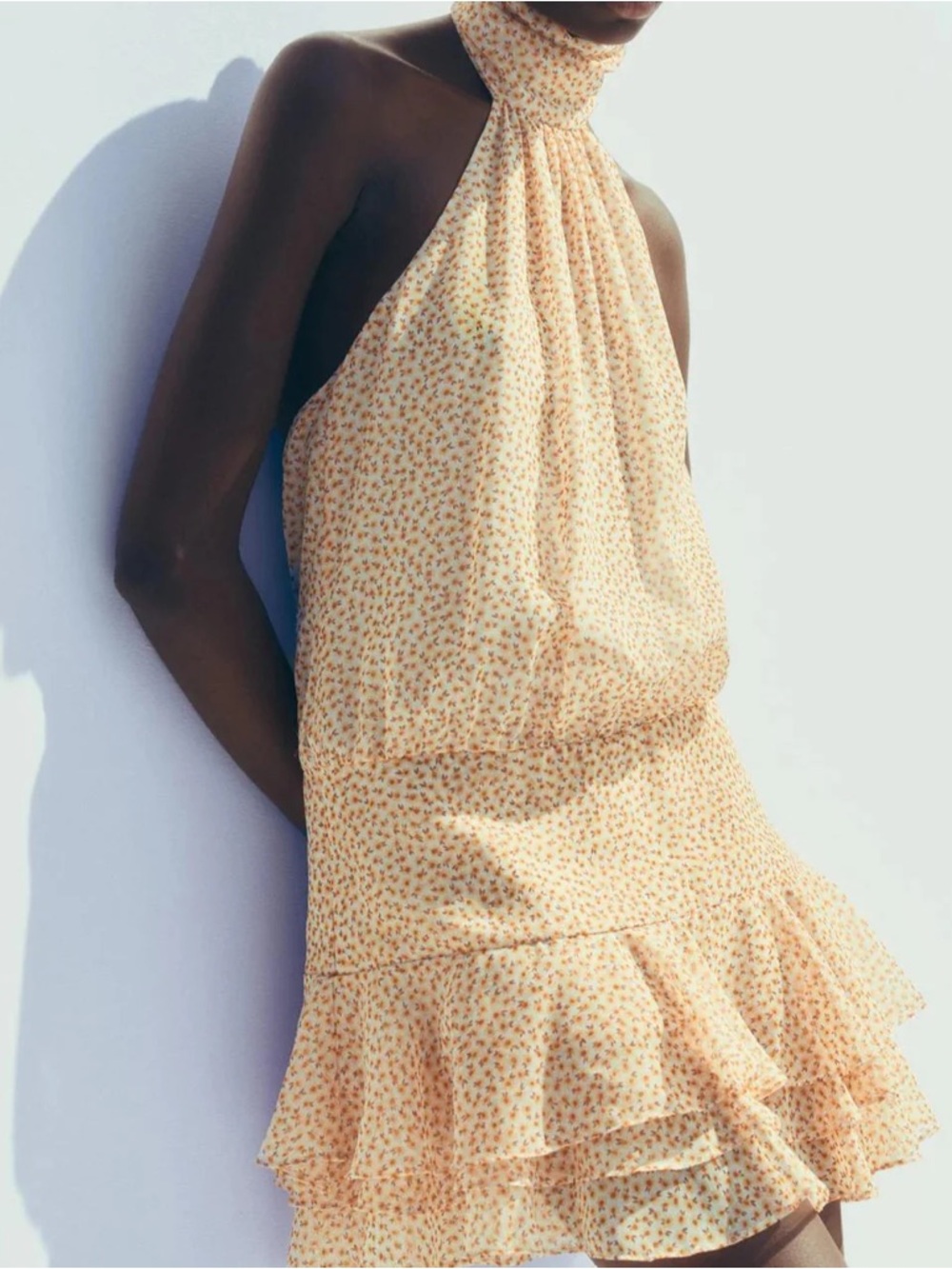 Zara Yellow Floral Halter Neck Mini Open Back Ruffle Dress